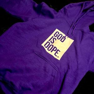 BRAND NEW PURPLE GOD IS DOPE HOODIE. Unisex Size Small. Never worn! Authentic!